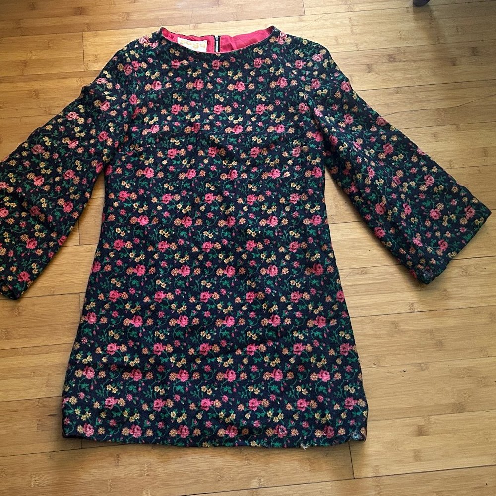 Vintage 1960's Saga Boutique Barkcloth Floral Bell Sleeve Dress Size S/M